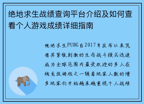 绝地求生战绩查询平台介绍及如何查看个人游戏成绩详细指南